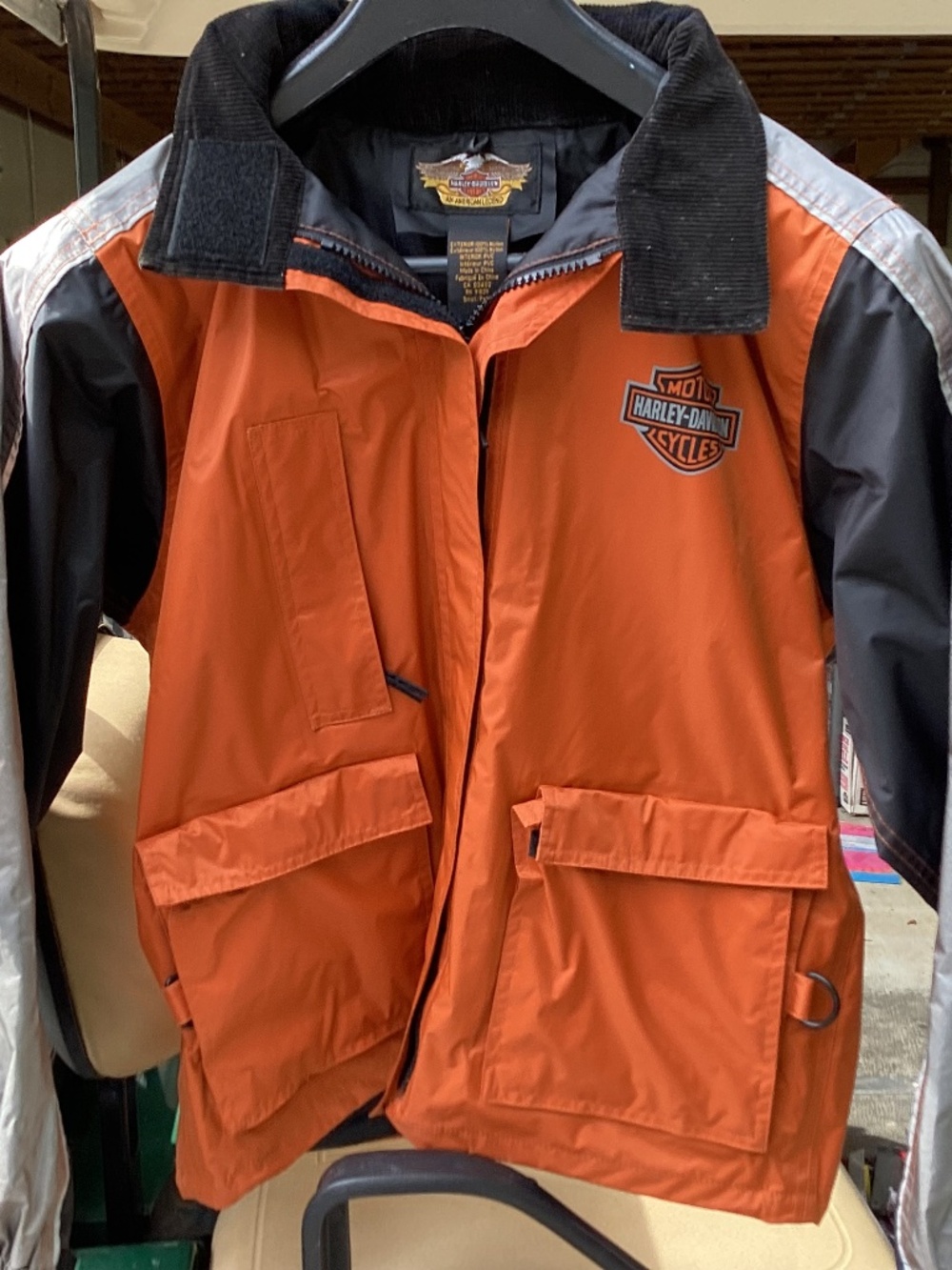 Women’s Small Harley Davidson Orange Black Hooded Rain Jacket